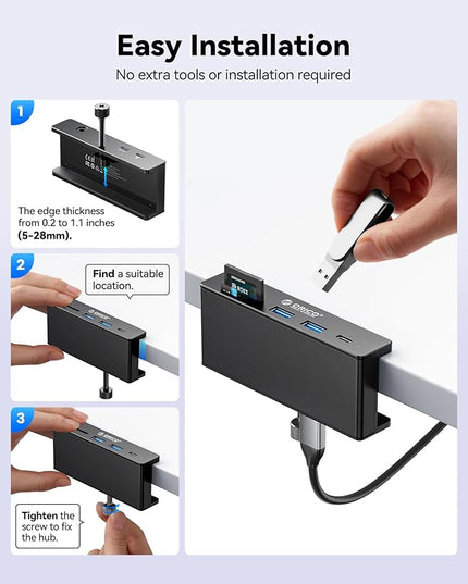 ORICO USB Hub 3.2, USB Hub Clamp with Type-C PD 60W Port, 10Gbps Aluminum 6-Port USB Adapter with 2 USB-A 3.2 Ports, USB-C 3.2, SD/TF Card Reader 3.0, AUX, USB-3.2 Splitter for Monitor, Desk