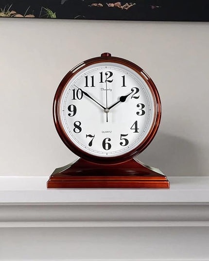 Beesealy Desk Clock for Table Decor,Retro Mantel Clock Battery Operated for Fireplace Mantel, Living Room,Bedroom,Office,Desktop Decoration (Brown)