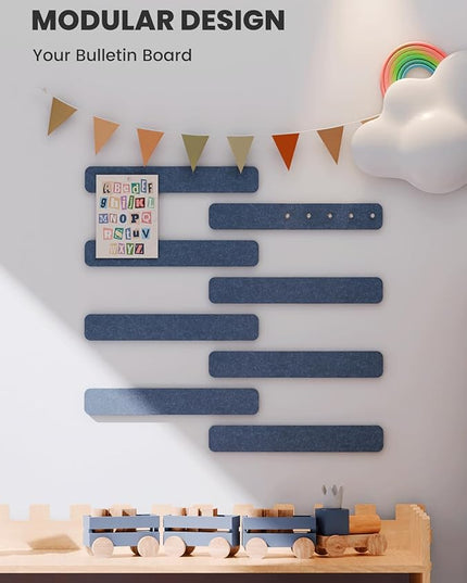 Fluxynara Cork Board Alternative Felt Strip Board 8-Pack 13"x2", Office Pin Board with 50 Push Pins, Adhesive Install for Bedroom Door & Home Office(Denim Blue)