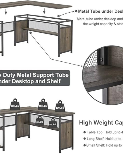 FATORRI L Shaped Desk, Industrial Reversible Home Office Computer Desk with Wood Shelves, Corner Desks with Metal Legs (Walnut Brown, 59 Inch)