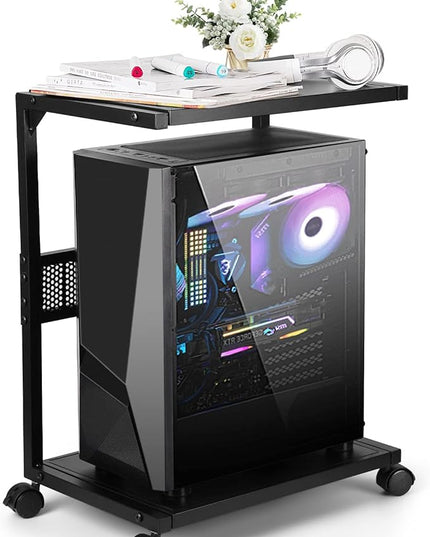 PC Stand Computer Tower Stand 2-Tier Metal CPU Holder with Locking Caster Wheels Suitable for Most PC (S,Black)