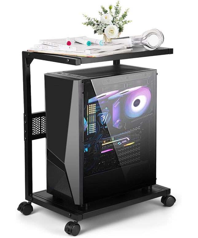PC Stand Computer Tower Stand 2-Tier Metal CPU Holder with Locking Caster Wheels Suitable for Most PC (S,Black)