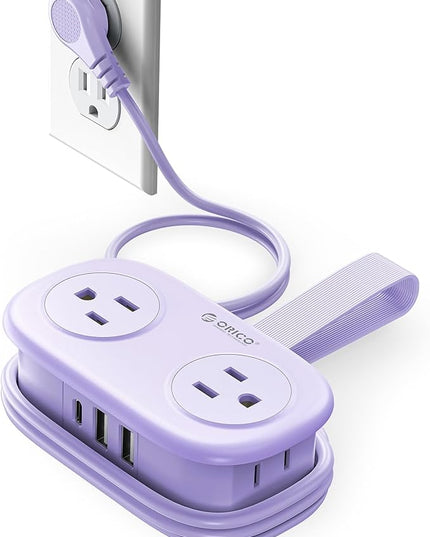 ORICO 4FT Purple Travel Power Strip with 4 AC Outlets, 2 USB-A Ports, and 1 USB-C Port, 45° Flat Plug Extension Cord with Non Surge Protector for Travel/Home/Dorm/Office-AP3