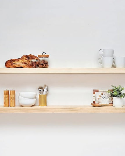 Homeforia 60 inch Natural Floating Shelf, High End Solid Real Wood 60inch Small Floating Shelves for Wall Mounted, Natural Wooden Floating Shelves, Heavy Duty Bracket, 60 X 6.5 X 1.75 in, Set of 2