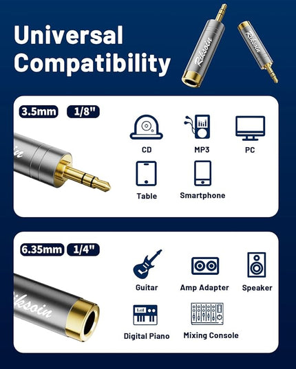 RIKSOIN 1/4'' to 3.5mm Stereo Pure Copper Headphone Adapter,3.5mm(1/8'') Plug Male to 6.35mm (1/4'') Jack Female Stereo Adapte for Headphone, Amp, Adapte,4-Pack