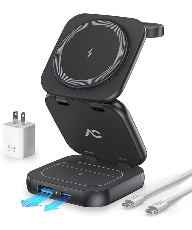 5-in-1 Wireless Charger for MagSafe, AC ISLAND Portable Travel Charging Station, 35W Max Fast Foldable Magnetic Stand, Evolved for iPhone 17-12 & Air Series, Apple Watch, AirPods (with 35W Adapter)