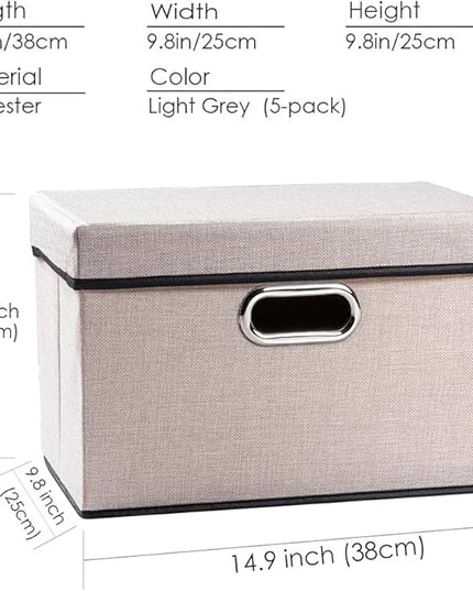 PRANDOM Foldable Storage Bin with Lid [5-Pack] Linen Fabric Decorative Storage Box Organizer Container Basket Cube with Handles Divider for Closet Office Living Room Light Grey(14.9x9.8x9.8)