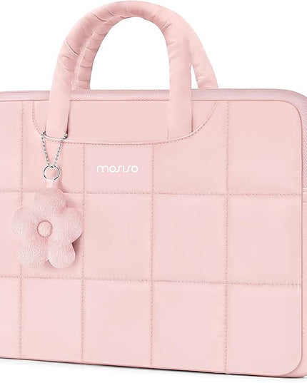 MOSISO Laptop Case 13.3 inch, 13-14 inch Puffy Laptop Sleeve Compatible with MacBook Air 13 13.6/Pro 13/Pro 14,HP Acer Dell ASUS Lenovo, Rectangle Quilted Computer Bag with Handle&Flower Pendant, Pink