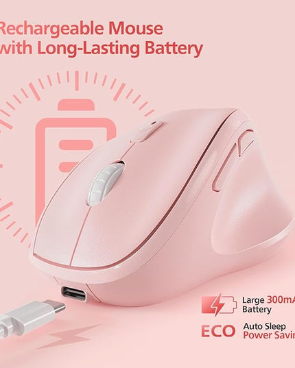 Micropack Wireless Bluetooth Mouse Ergonomic Vertical for Laptop MacBook PC Tablet Rechargeable Silent Click Multi-Device 3-Mode 2.4G Adjustable DPI Compatible with Windows Android iOS MacOS Pink