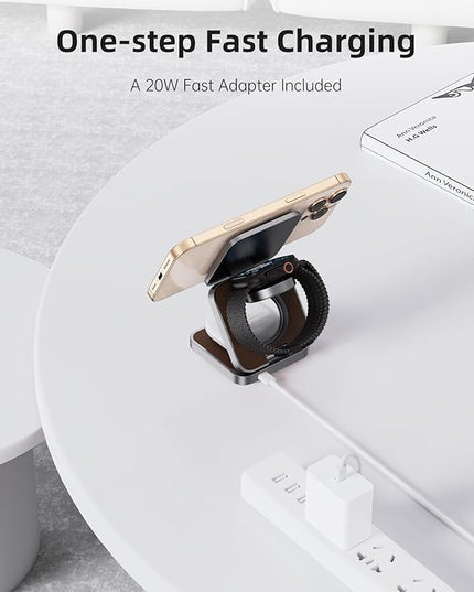 Foldable Magnetic Wireless Charger, KU XIU Aluminum Alloy 3 in 1 Charging Station for Apple, Fast Charging Travel Charger for iPhone 17 16 15 14 13, 5W for Apple Watch Ultra, AirPods, Leather Texture