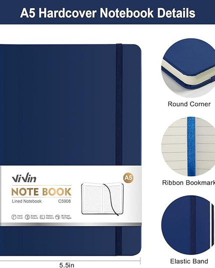 ViVin Lined Journal Notebooks for Work,192 Pages,Medium 5.5 x 8.3 inch,College Ruled,A5 Hardcover Journaling Notebooks for Work,3 Pack(Black,Navy Blue,Dark Dreen)