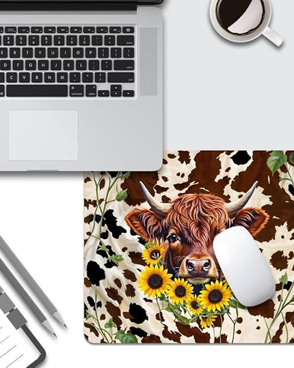 Western Highland Cow Sunflowers and Cowhide Brown Square Mouse pad, Texture, Waterproof, Anti Slip Rubber Base, Computer Mouse pad