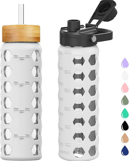 MUKOKO Glass Water Bottles, 24oz Glass Tumbler with Straw, Drinking Bottles with 2 Lids-Handle Spout Lid&Bamboo Straw Lid, Motivational Water Bottle with Time Marker and Silicone Sleeve, 1 Pack-White