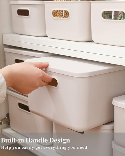 Plastic Storage Baskets With Lid Organizing Container Lidded Knit Storage Organizer Bins for Shelves Drawers Desktop Closet Playroom Classroom Office (M+2S, Light grey)