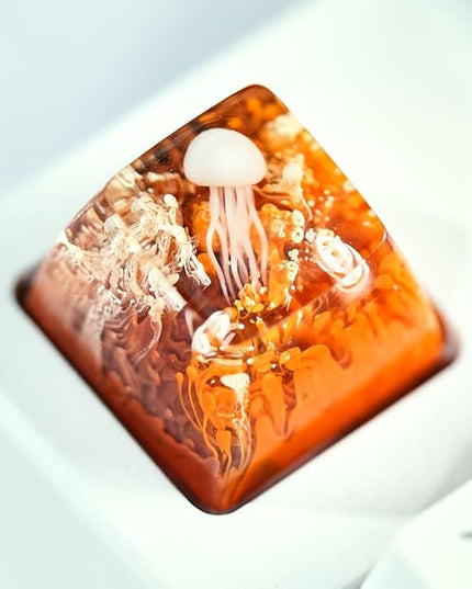 Jellyfish Artisan Keycap Orange and Brown Coral R1 SA Profile Custom Sea Creature Keycaps 1U ESC Handmade Gaming Sea Resin Key Cap Cherry MX Switch Compatible Mechanical Keyboard Jellyfish Lover Gift