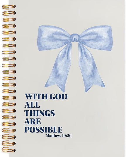 Coquette Blue Bow Christian Spiral Journal Notebook 5.5x8.3in, with God All Things Are Possible Inspirational Prayer Journal for Woman, Inspirational Bible Notebooks for Note Taking
