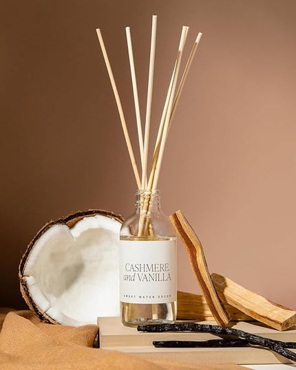 Sweet Water Decor Non-Toxic Cashmere and Vanilla Reed Diffuser Set, Cashmere, Sandalwood, Milky Coconut, Bourbon Vanilla Scented Diffuser for Home, Light Fragrance, Made in The USA, 3.5 FL OZ
