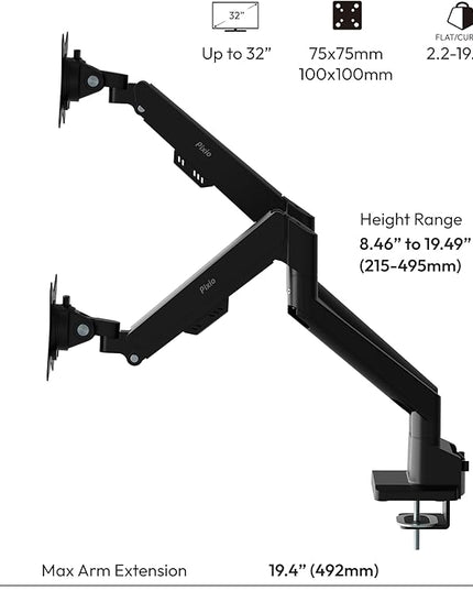 Pixio PS1D Wave Black Dual Monitor Arm Stand Desk Mount - Fits up to 32 inches Monitors and up to 19.8lbs. VESA Compatibility and Integrated Cable Management