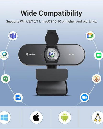 N newline 4K Webcam for PC, PDAF/CDAF Autofocus, 1080P@60FPS, 79° FOV, Auto Light Correction, 2 Noise Reduction Mics, Privacy Cover, USB-A, Streaming Camera for Skype, Teams, Online Meeting, NewEye 62