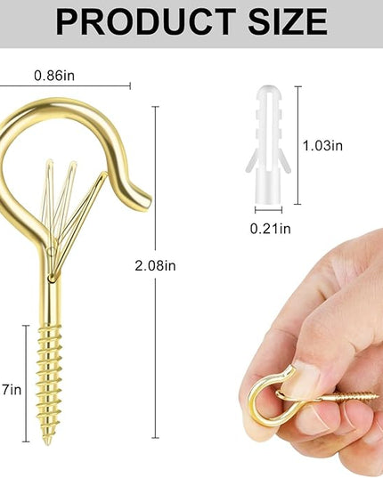 FSAH 12 PCS Q-Hanger Hooks, Screw Hooks for Outdoor String Lights, Safety Buckle Design Cup Eye Hook for Hanging Christmas Lights, Plants, Wind Chimes, Mounted on Wall Ceiling, Windproof, Gold