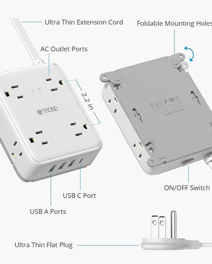 TROND Surge Protector Power Strip with USB, Ultra Thin Flat Plug 10ft Extension Cord 1625W, 3 USB-A & 1 USB-C, 8AC Outlets 1440J Surge Protection Wall Mount for Home Office Dorm Room Essentials, White