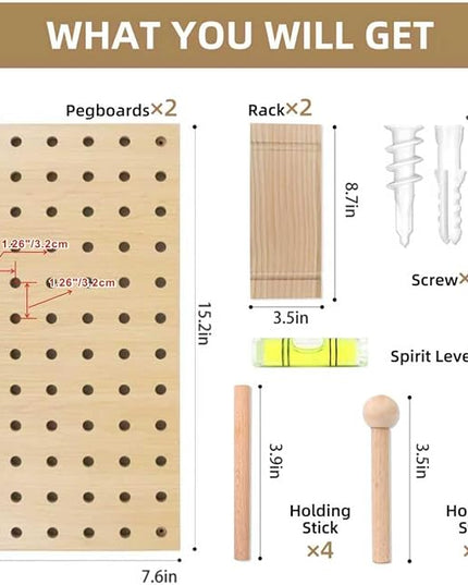 Beige Wood Pegboard Modular Display Wooden Pegboard Combination Wall Organizer Storage Wall Hooks Shelf for Home, Office, Bathroom, Comes with 2 Pieces Pegboards