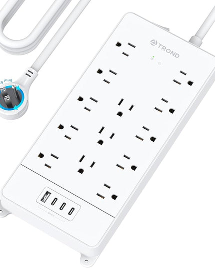 TROND 360° Rotating Flat Plug, Surge Protector Power Strip, 13AC Widely Spaced Outlets Expansion with 3 USB C Ports, 4000J, 15ft Extension Cord Heavy Duty, Wall Mount, Under Desk, ETL Listed, White