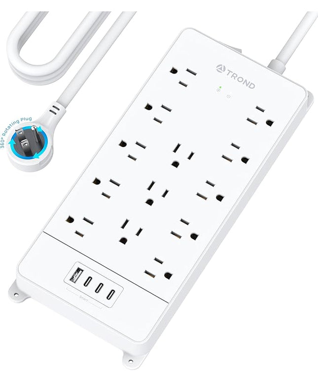 TROND 360° Rotating Flat Plug, Surge Protector Power Strip, 13AC Widely Spaced Outlets Expansion with 3 USB C Ports, 4000J, 15ft Extension Cord Heavy Duty, Wall Mount, Under Desk, ETL Listed, White