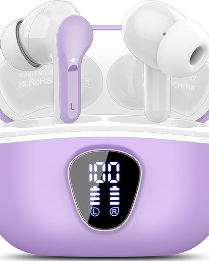 Wireless Earbuds, Bluetooth 5.4 Headphones HiFi Stereo, Bluetooth Earbuds with ENC Noise Cancelling Mic, IP7 Waterproof in Ear Earphones, 48H, LED Display Ear buds for Pad Workout Sports, Purple