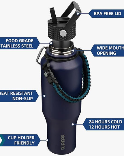 BJPKPK Insulated Water Bottles with Straw Lid, 35oz Metal Water Bottle with 2 lids & Paracord Strap, Double Wall Stainless Steel Vacuum Tumblers, Cups, Mugs, Thermo for Hot& Cold Drinks, Navy Blue