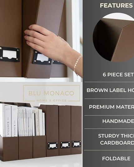 BLU MONACO Set of 6 Foldable Brown Magazine File Holders with Brown Leather Label Holders – Elegant Magazine Storage Containers & Desk Organizer for Office
