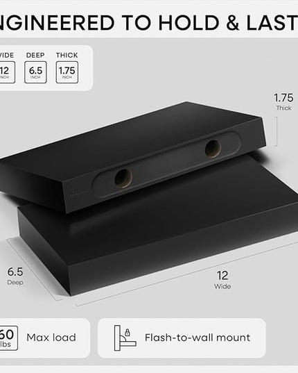 Homeforia Floating Shelf Black 12 inch, High End Solid Real Wood Small 12inch Floating Shelves for Wall Mounted, Black Wooden 12 in Floating Shelves, Heavy Duty Bracket, 12 X 6.5 X 1.75 inch, Set of 3