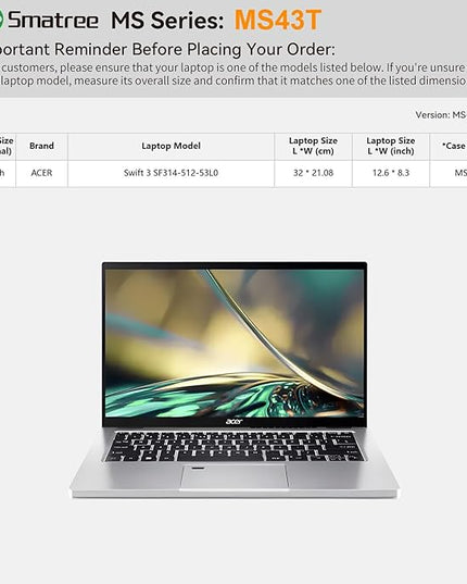 Smatree MS43T Hard EVA Protective Sleeve Case with Stand Compatible for 14 inch Acer Swift 3 Laptop - SF314-512-53L0 Waterproof Sleeve, White