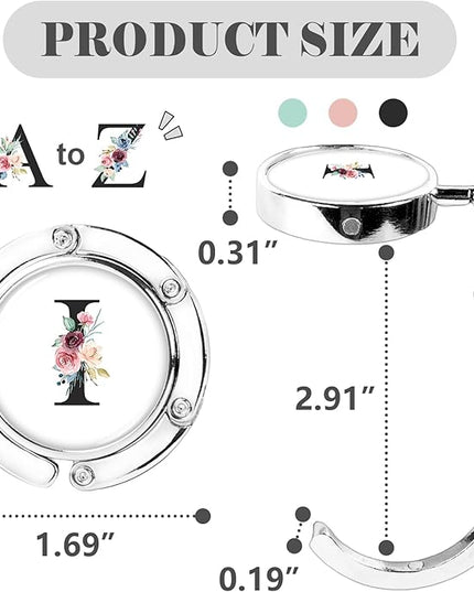 Iqimott 3pcs Personalized Initial Foldable Purse Hook for Table, Flower Letter Folding Handbag Hanger Portable Magnet Table Hook Holder, Collection Desk Purse Hooks for Women Bag (Black-I)