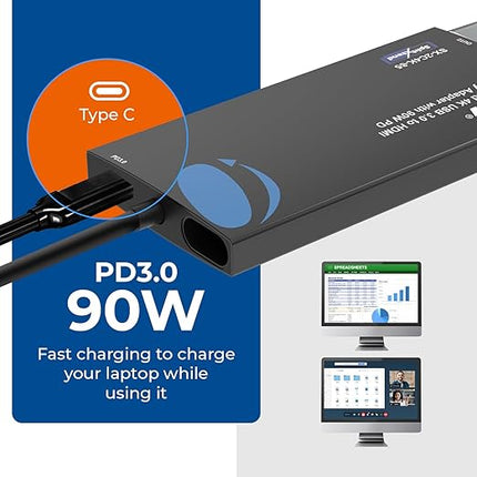 OREI SplitExtend 4K HDMI Splitter Extended Display for Dual Monitor - Multi-Monitor Display 3 Separate Screens - USB A & USB-C Adapter to HDMI 2.0, 4K@60hz, 90W PD Charger, DisplayLink MacOS, Windows