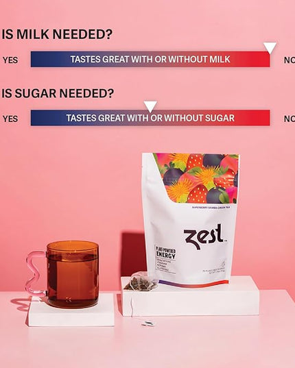 Zest Energy Green Tea - Superberry Samba - High Caffeine Strawberry, Acai, & Passion Fruit Tea - Caffeinated Coffee Altnernative with Antioxidants - Natural, Non-GMO & Keto - 20Ct Pack - 135mg Caf