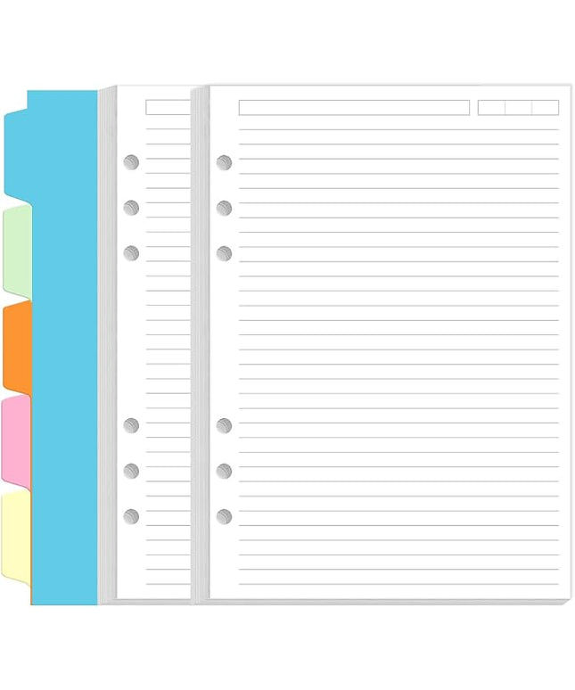 A5 Refill Paper - 6 Hole Planner Inserts for A5 Binder, 200 Pages 6 Ring Loose Leaf Lined Paper with 5 Colorful Binder Dividers, 5.8" x 8.5"