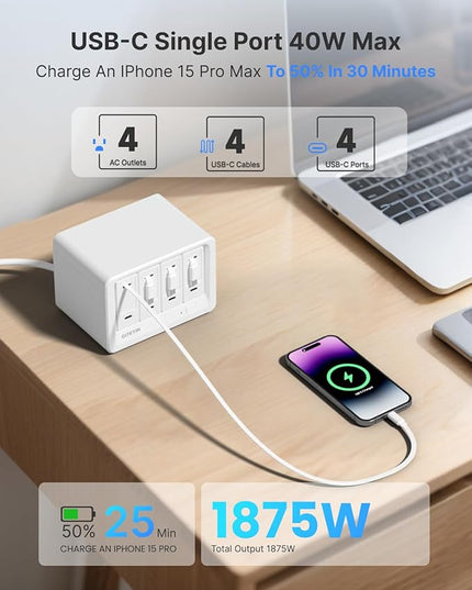 Gitryin 12-in-1 Desktop Charging Station with 4 Retractable Wall Chargers, 40W USB-C Power Strip with 4 AC, 4 USB C, 4 Type-C 33.5in Cables, Extension Cord with 1020J Surge Protection for Home Office