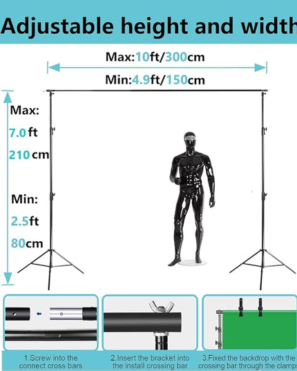 Backdrop Stand 10x7ft(WxH) Photo Studio Adjustable Background Stand Support kit with 2 Crossbars, 6 Clamps, 2 Sandbags and Carry Bag for Parties, Events Decoration, Wedding, Photography (Black)