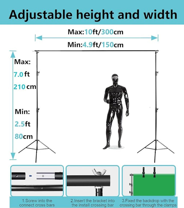Backdrop Stand 10x7ft(WxH) Photo Studio Adjustable Background Stand Support kit with 2 Crossbars, 6 Clamps, 2 Sandbags and Carry Bag for Parties, Events Decoration, Wedding, Photography (Black)