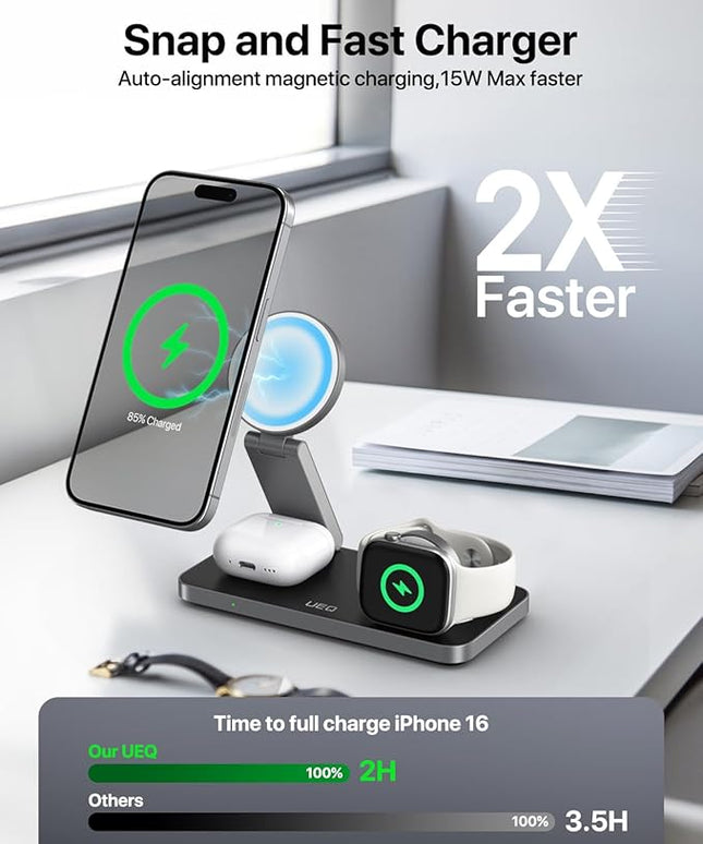 Foldable 3 in 1 Wireless Charging Station for Apple Compatible with Magsafe Charger Stand,Magnetic Wireless Charger Station for iPhone 17 Air16 15 14 13 12 Series,Airpods Pro,Apple Watch(Black)