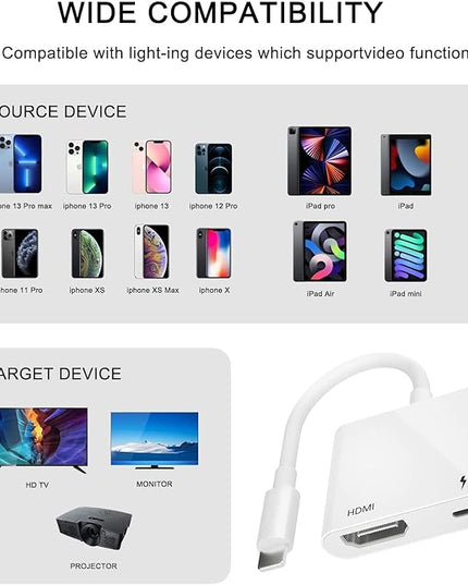 Apple MFi Certified Lightning to HDMI Digital AV Adapter 1080P HD Video HDMI Sync Screen Connector Cable with Charging Port Compatible with iPhone 14/13/12/11/ X/ 8/7/ iPad on HDTV/Projector/Monitor