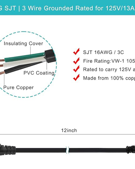 [2 Pack] 90 Degree Computer Power Cord - 1FT Low Profile Flat Plug to Right Angle IEC C13 Power Cord,Universal PC Power Supply Cord 16AWG, Black C13 3 Prong Angled AC Power Cord for PC Monitor/TV