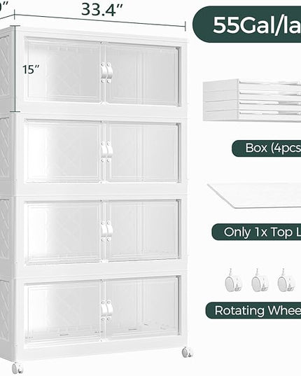 880QT Extra Large Stackable Storage Bins with Lid, 220Gal Collapsible Storage Box with Wheels and Doors, Plastic Closet Organizers and Storage Cabinet for Home Kitchen Office Dorm, 4Pack White