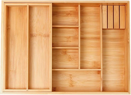Double Layer Bamboo Kitchen Drawer Organizer Cutlery Utensil Silverware Drawer Organizer, Silverware Tray for Drawer Removable Utensil Holder Flatware Organizer Multi-use Storage Box (L)