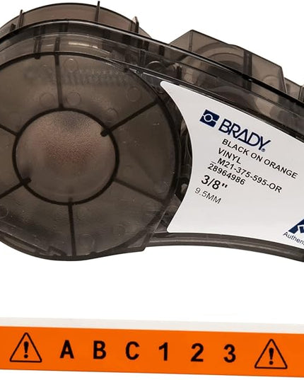 Brady Authentic (M21-375-595-OR) All-Weather Vinyl Label for Indoor/Outdoor ID, Lab and Equipment Labeling, Black on Orange- For M210, M210-LAB, M211, BMP21-PLUS and BMP21-LAB Printers, .375" W, 21' L