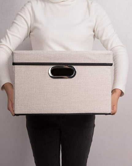 PRANDOM Foldable Storage Bin with Lid [3-Pack] Linen Fabric Decorative Storage Box Organizer Container Basket Cube with Handles Divider for Closet Office Living Room Light Grey(14.9x9.8x9.8)