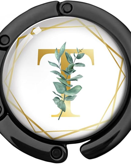 Gold Initial Foldable Purse Hook Gifts, Eucalyptus Letter Handbag Hanger, Women's Bag Hanger Holder, Round Purse Table Hook, Funny Desk Decor Gifts for Women Coworker Friend (Eucalyptus T)