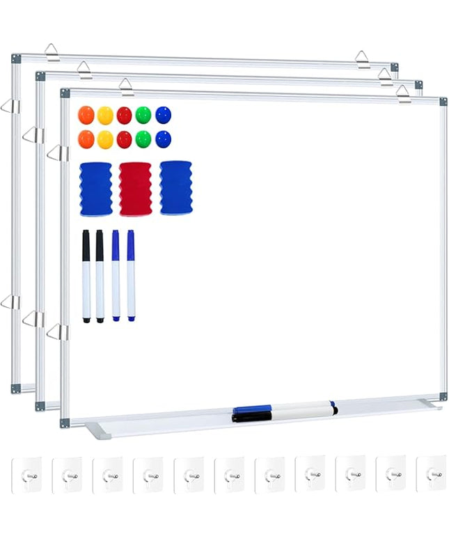 H-Qprobd White Board Dry Erase Whiteboard for Wall 24x18 (3pcs) Magnetic Boards for Office Classroom & Home, Small Wall Whiteboard Including 6 Markers, 10 Magnets, 2 Erasers & 15 Adhesive Hooks