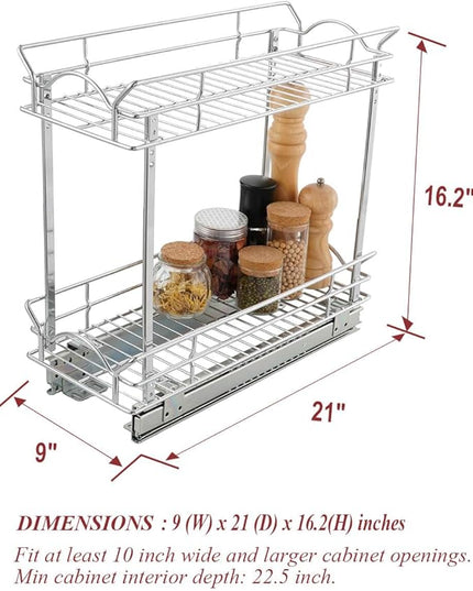 OCG Slide Out Cabinet Organizer for Narrow Cabinet (9" W X 21" D), 2 Tier Pull Out Shelves Slim Sliding Cabinet Organizer and Storage, Chrome
